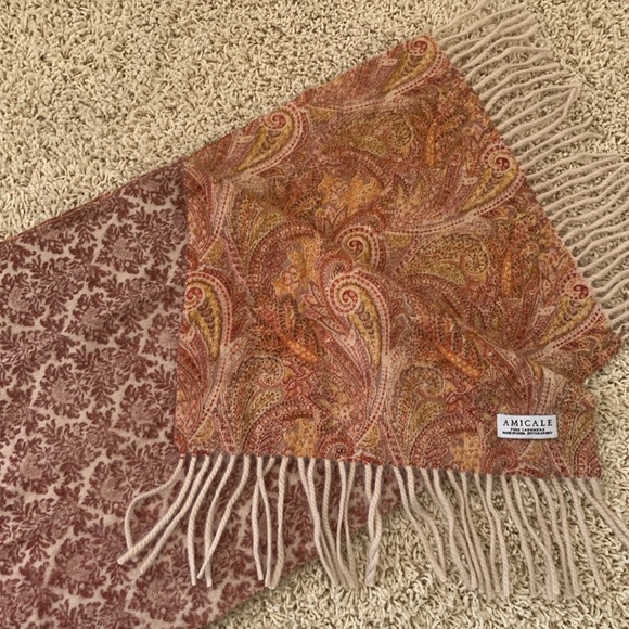 AMICALE PURE CASHMERE BURGUNDY TAN YELLOW ORANGE FRINGE TWO SIDED SCARF 62” - Picture 8 of 10